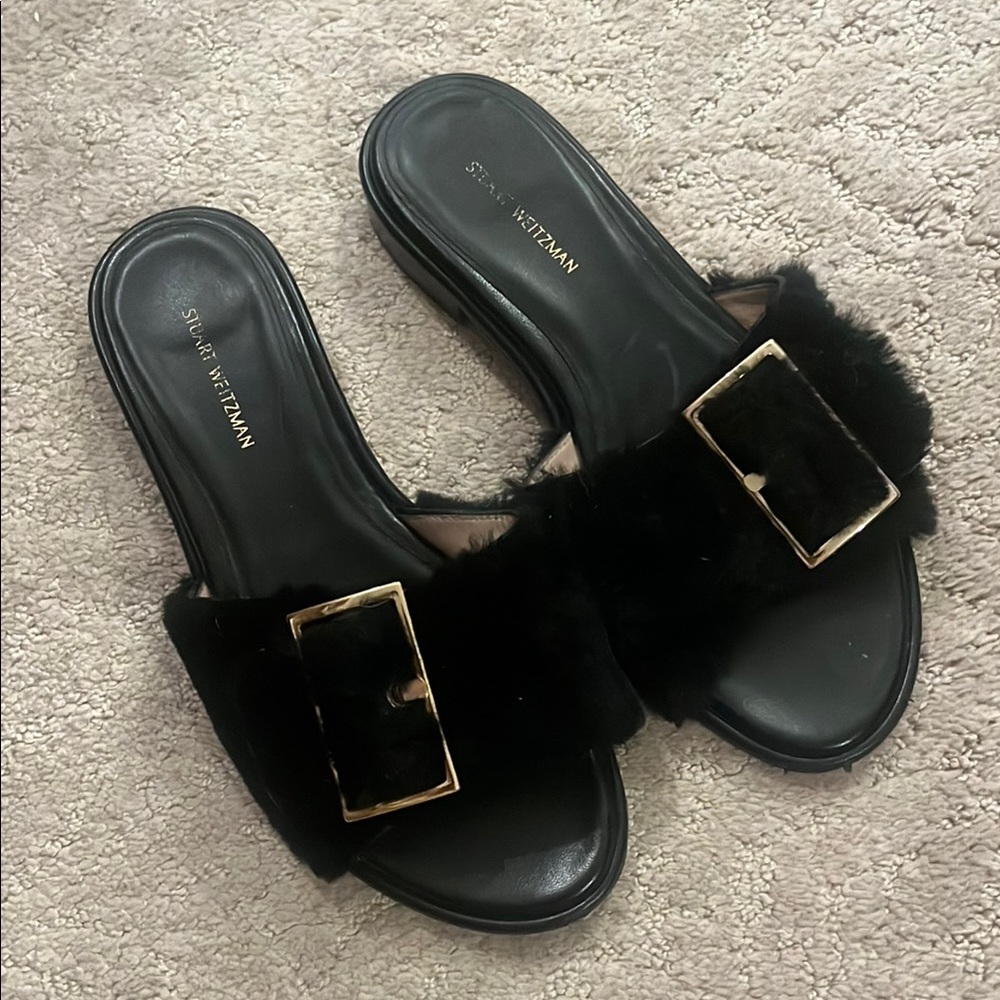 Stuart Weitzman Black Slippers with Gold Buckle